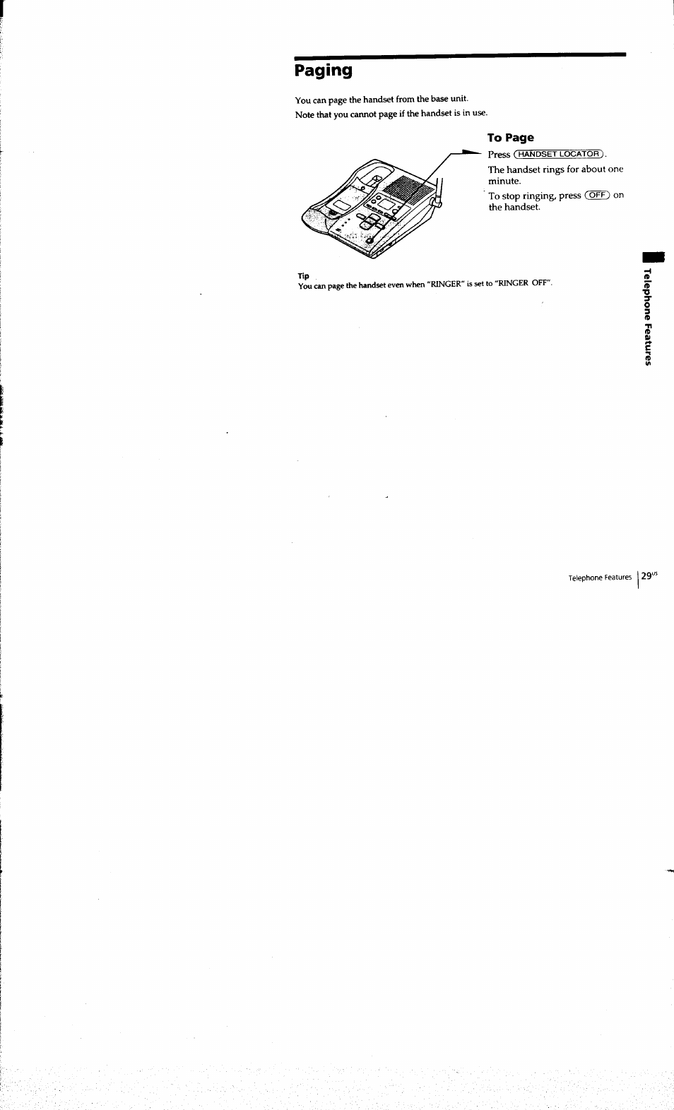 Paging, Press, The handset rings for about | Minute. to stop ringing, press, The handset | Sony SPP-A973 User Manual | Page 29 / 115