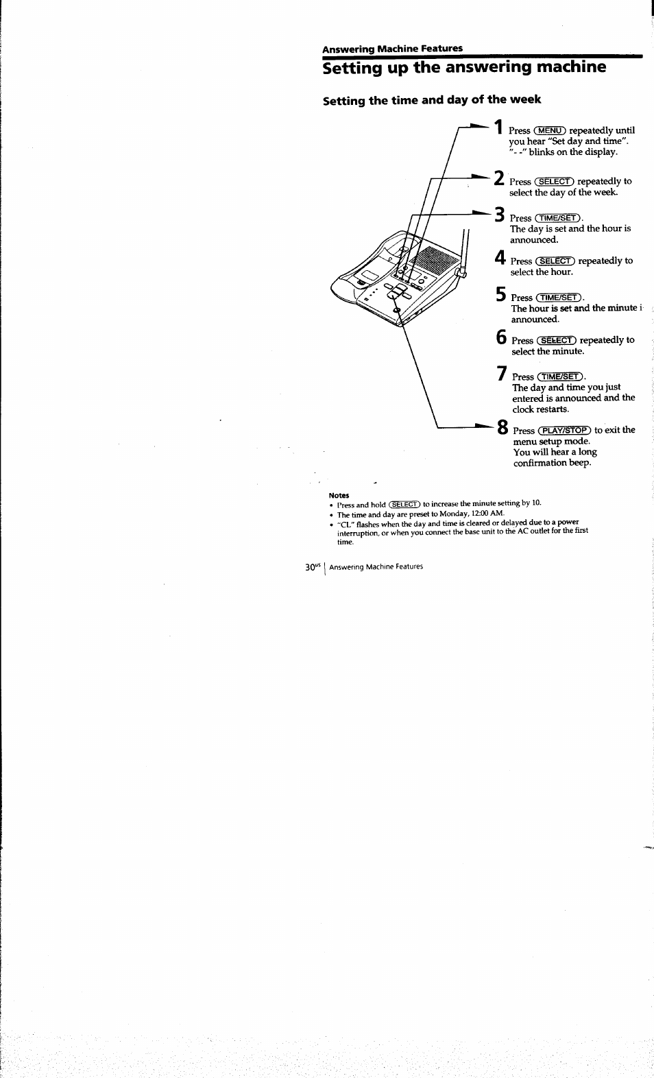 Setting up the answering machine, Setting the time and day of the week | Sony SPP-A973 User Manual | Page 30 / 115