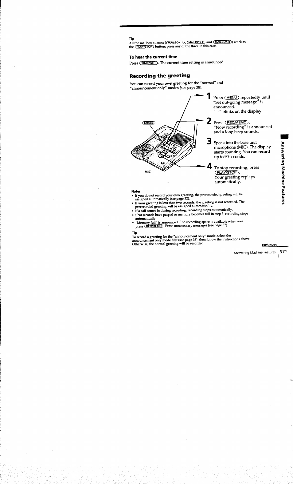 To hear the current time, Recording the greeting | Sony SPP-A973 User Manual | Page 31 / 115