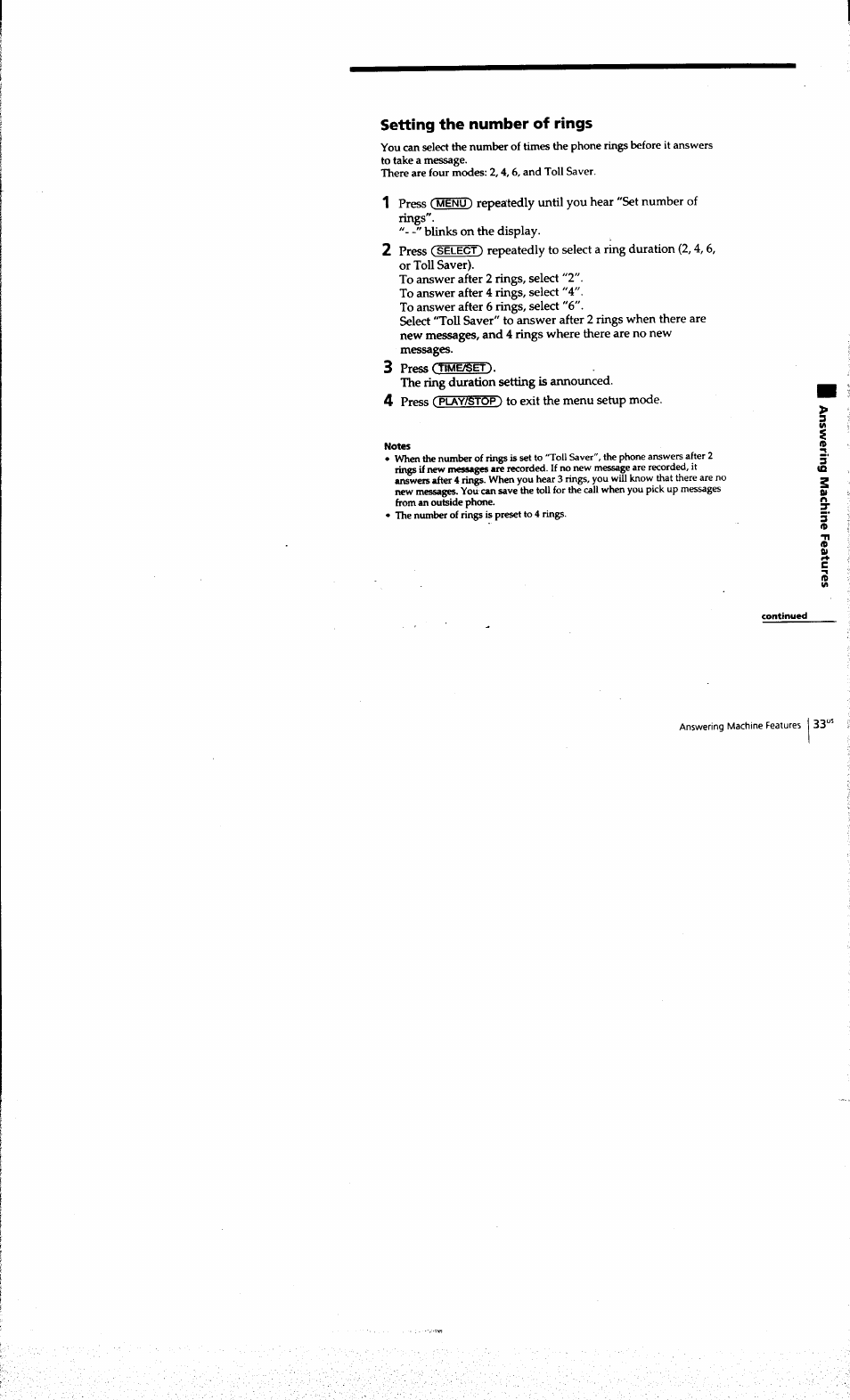 Setting the number of rings | Sony SPP-A973 User Manual | Page 33 / 115