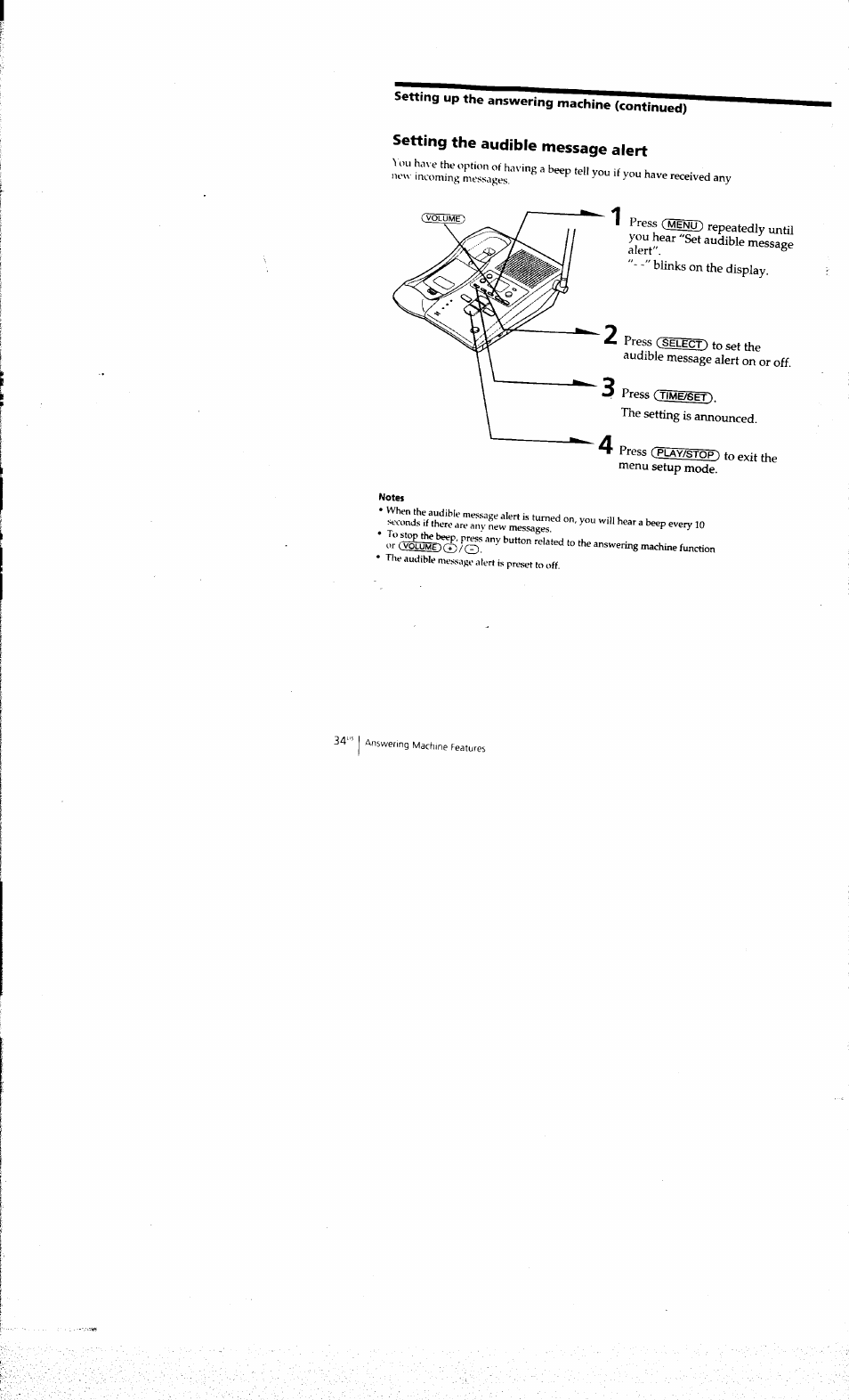 Setting up the answering machine (continued), Setting the audible message alert | Sony SPP-A973 User Manual | Page 34 / 115