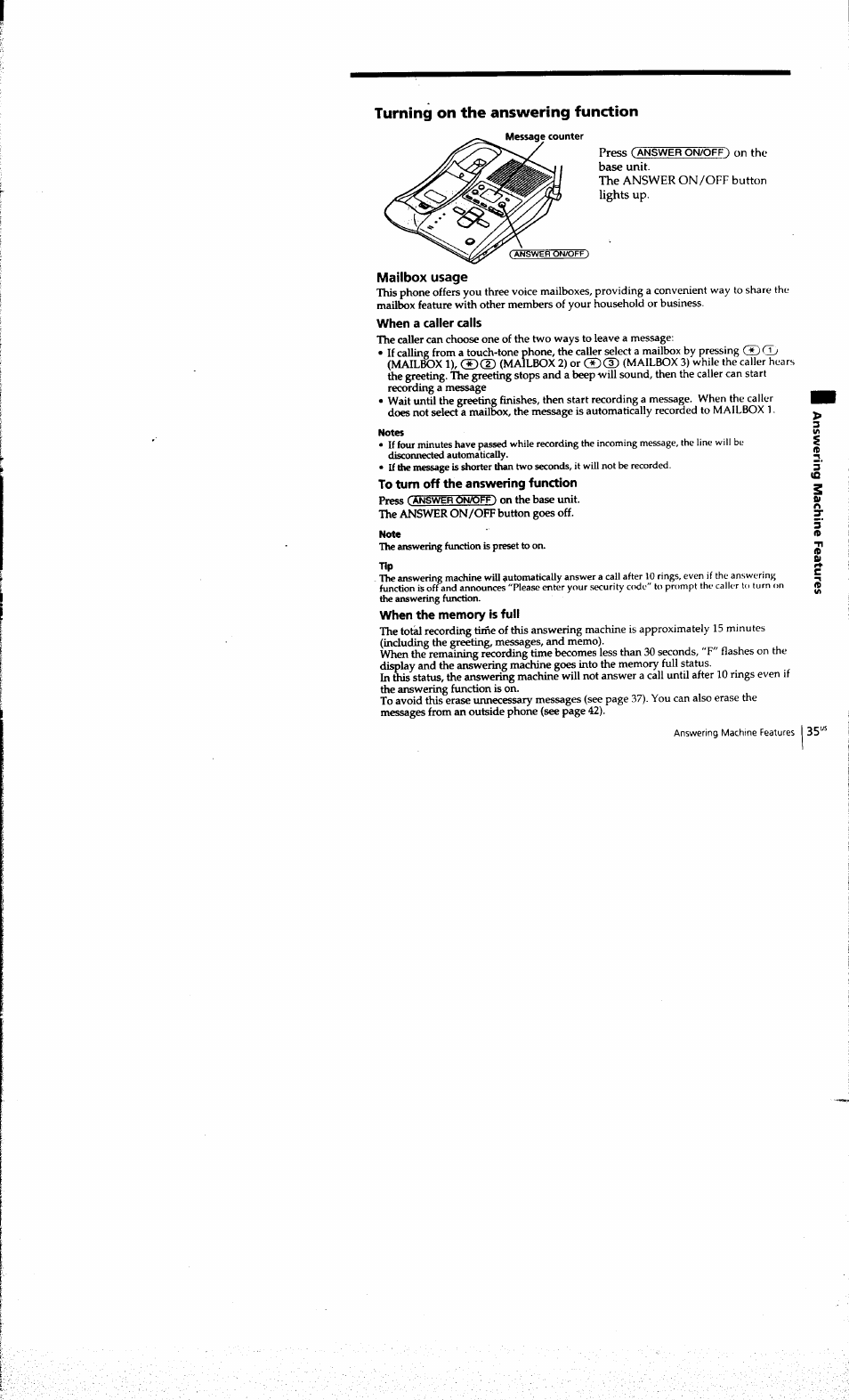 Turning on the answering function, When a caller calls, To turn off the answering function | When the memory is full | Sony SPP-A973 User Manual | Page 35 / 115