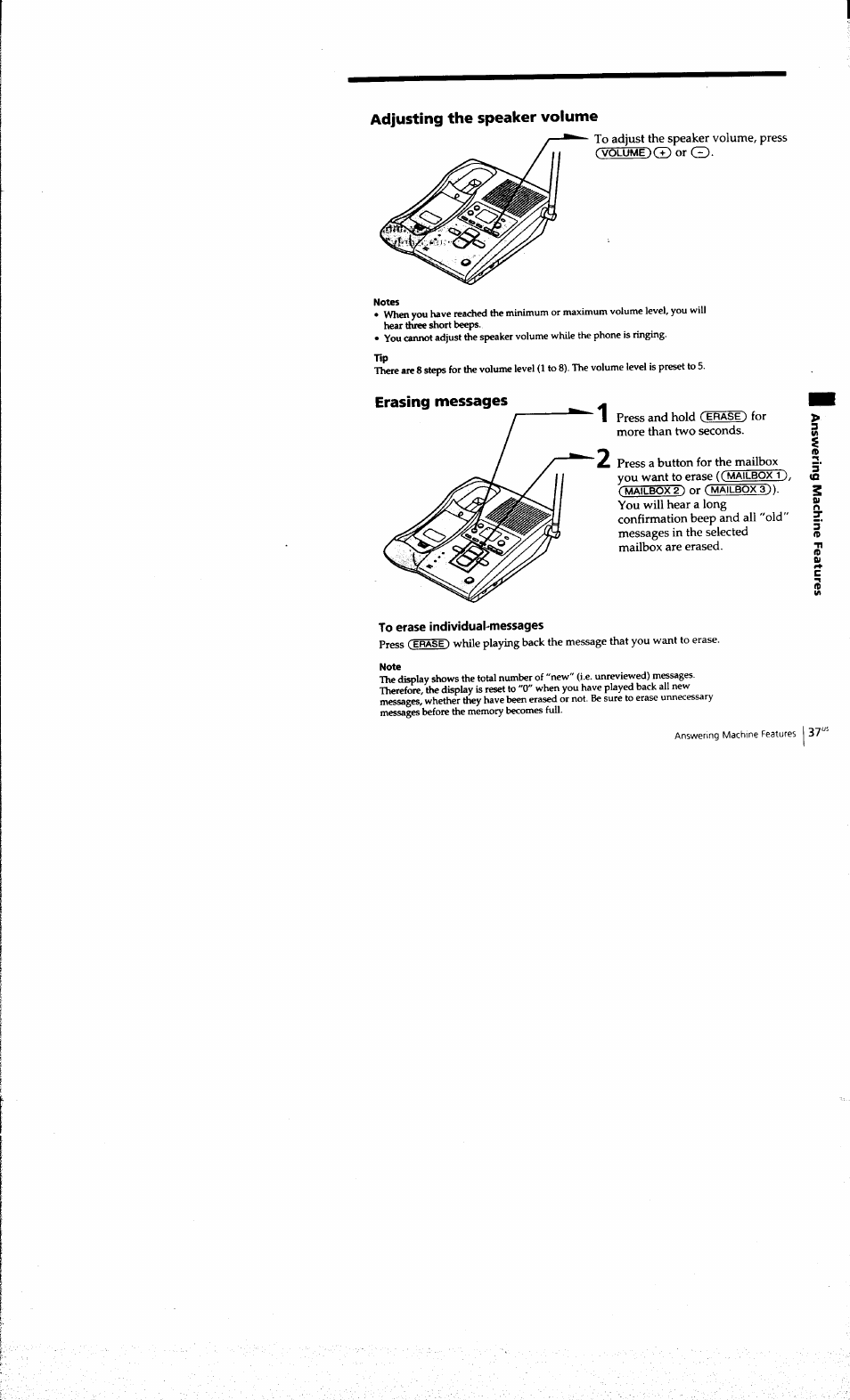 Adjusting the speaker volume, To erase individual-messages | Sony SPP-A973 User Manual | Page 37 / 115