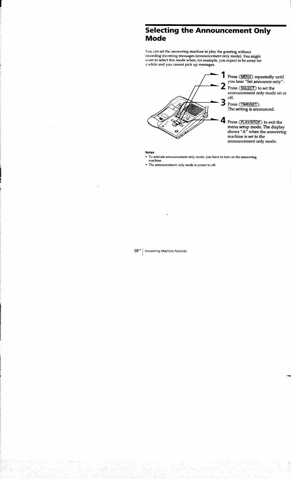 Selecting the announcement only mode | Sony SPP-A973 User Manual | Page 38 / 115