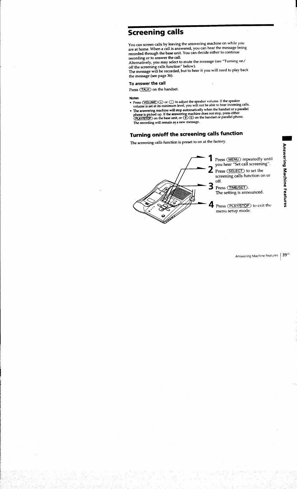 Screening calls, To answer the call | Sony SPP-A973 User Manual | Page 39 / 115
