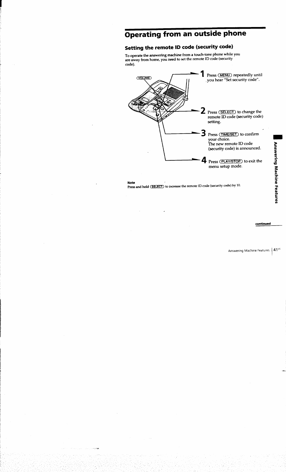Operating from an outside phone, Setting the remote id code (security code) | Sony SPP-A973 User Manual | Page 41 / 115