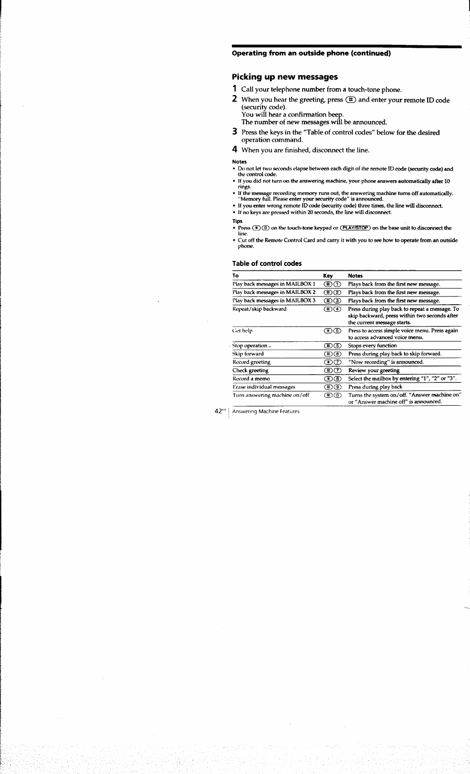 Picking up new messages, Table of control codes | Sony SPP-A973 User Manual | Page 42 / 115