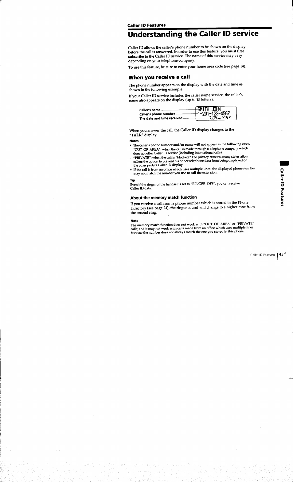 Caller id features, Understanding the caller id service, When you receive a call | About the memory match function | Sony SPP-A973 User Manual | Page 43 / 115