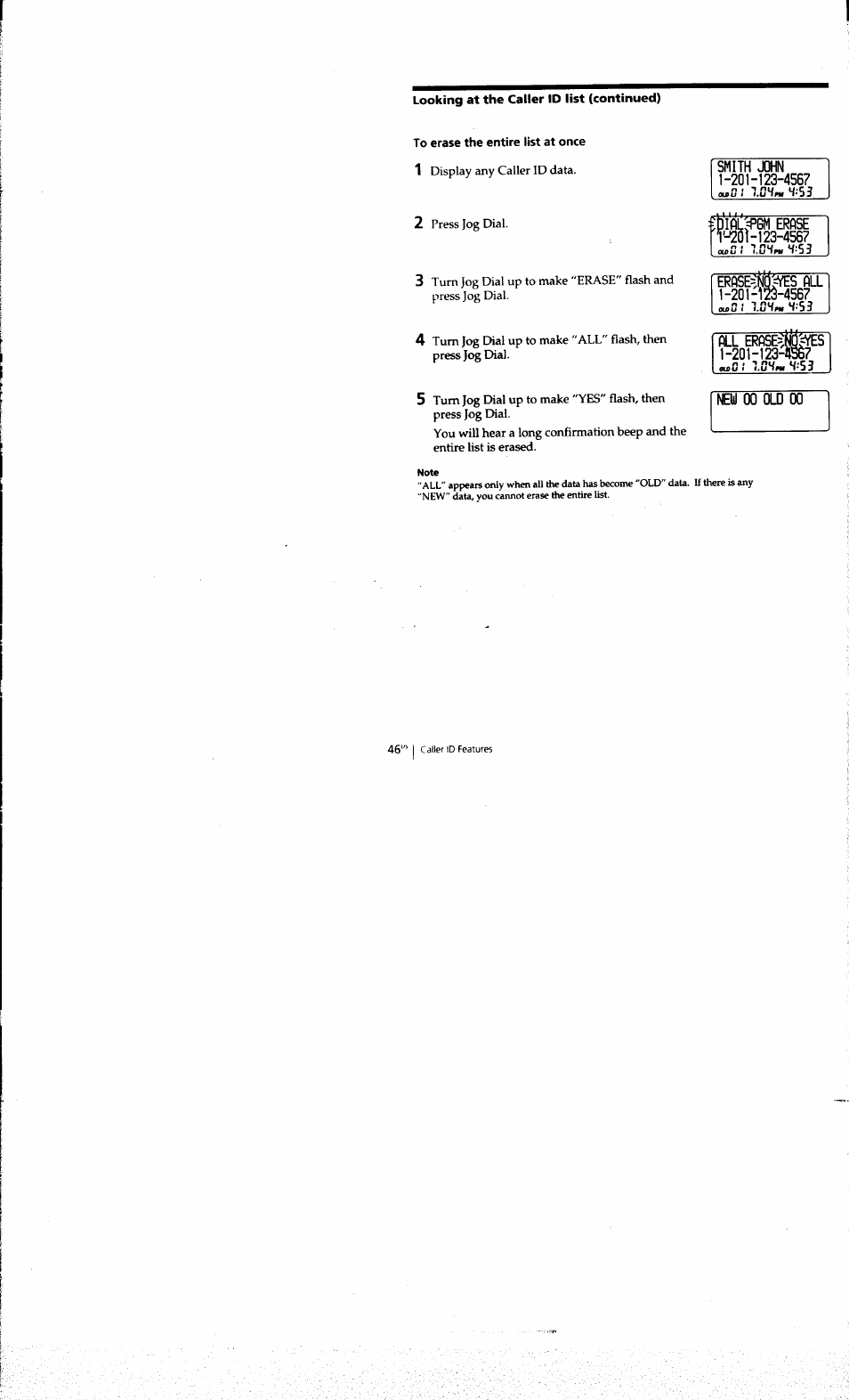 To erase the entire list at once, Smith john 1-20h 23-4567, Bli=fgm erfise r-20i-123-4567 | Erfise=ng:^s pll 1-201-125-4567, 20h23-4s57, Neiil 00 old 00 | Sony SPP-A973 User Manual | Page 46 / 115