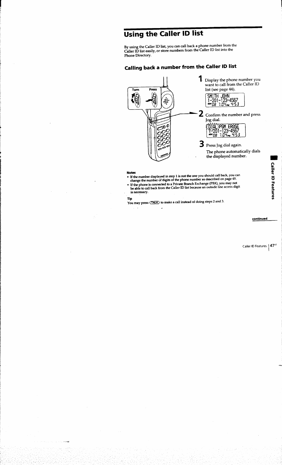 Using the caller id list, Calling back a number from the caller id list | Sony SPP-A973 User Manual | Page 47 / 115