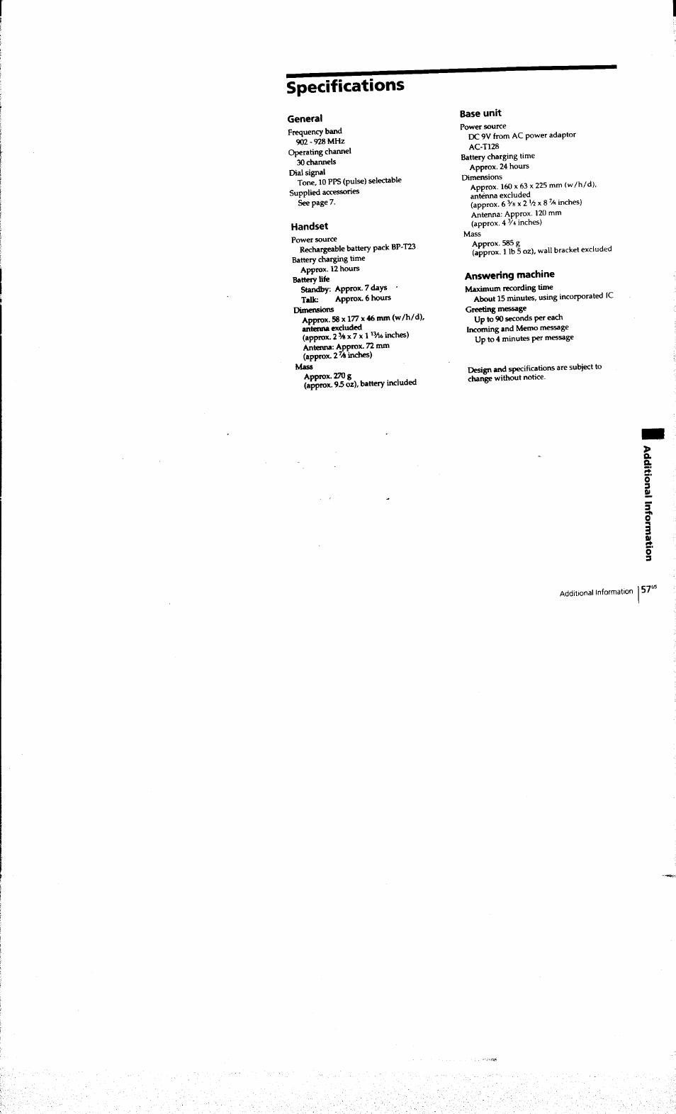 Specifications, General, Handset | Base unit, Answering machine | Sony SPP-A973 User Manual | Page 57 / 115