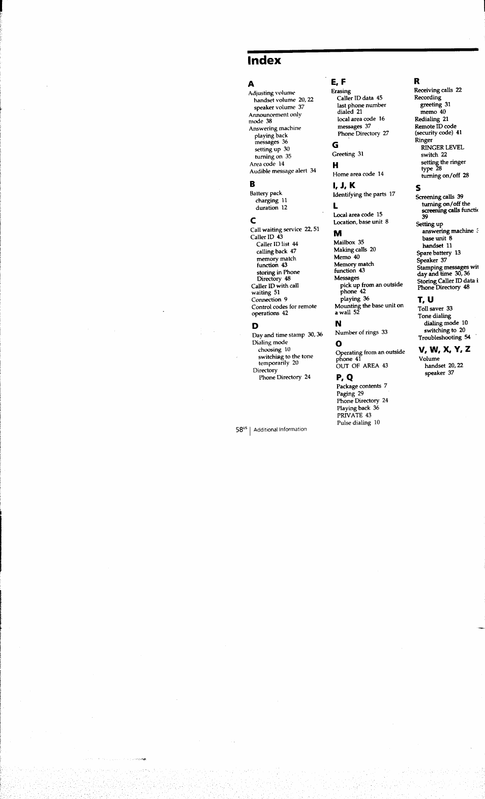 Index, P , q, E. f | I, j, k, V, w, x, y, z | Sony SPP-A973 User Manual | Page 58 / 115