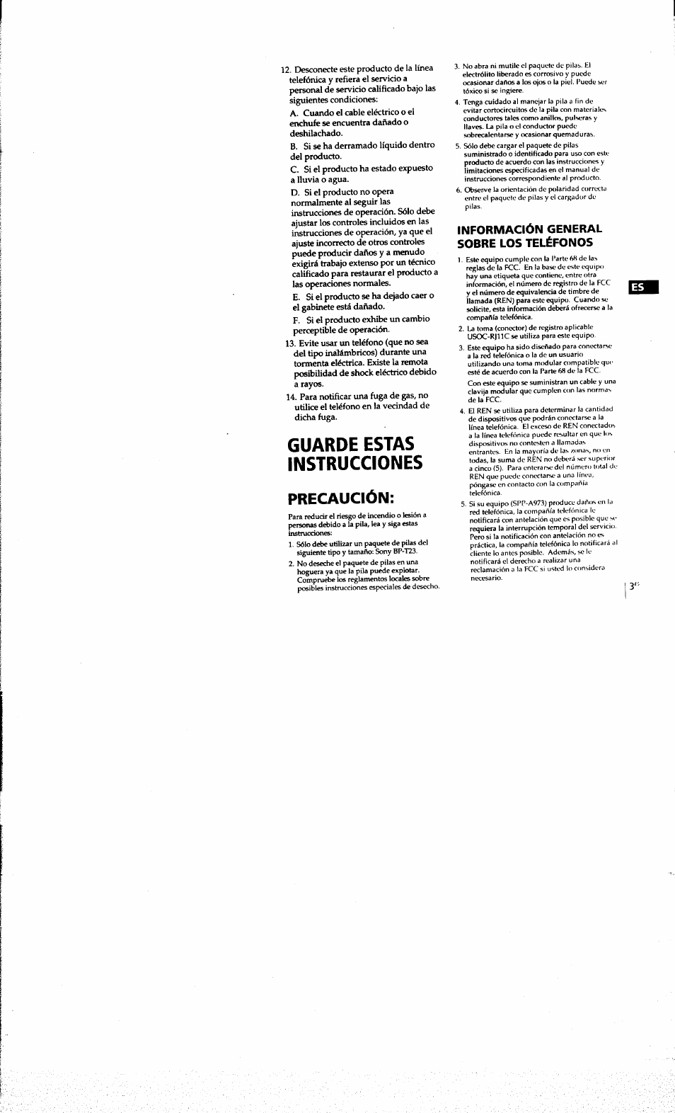 Guarde estas instrucciones, Precaución, Información general sobre los teléfonos | Sony SPP-A973 User Manual | Page 60 / 115