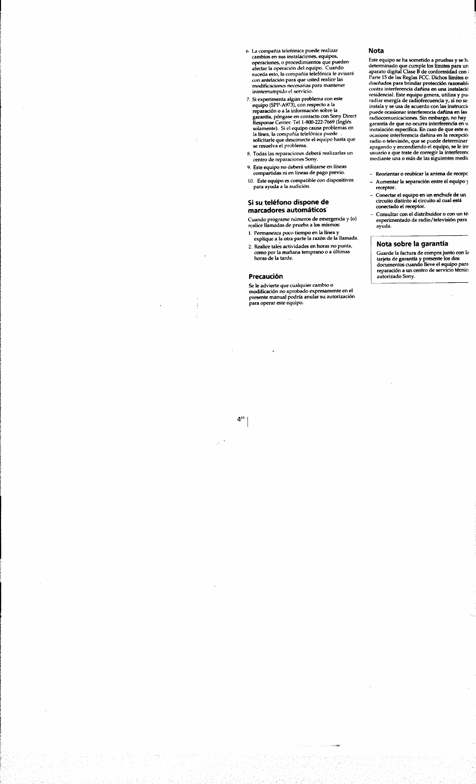 Si su teléfono dispone de marcadores automáticos, Precaución, Nota | Sony SPP-A973 User Manual | Page 61 / 115