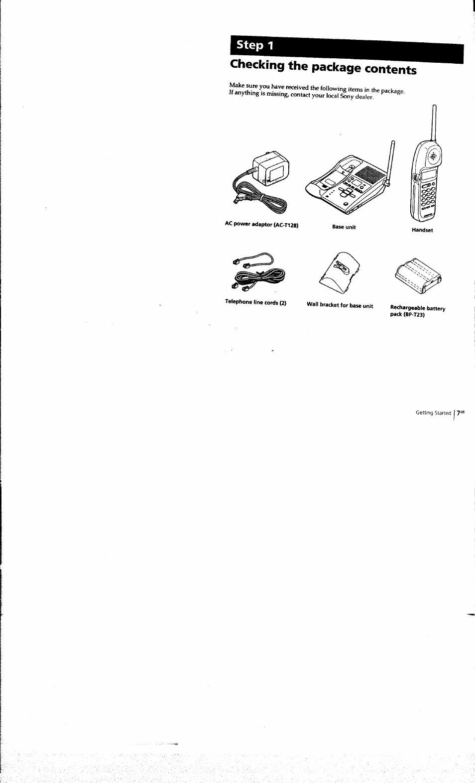 Checking the package contents, Step 1 | Sony SPP-A973 User Manual | Page 7 / 115