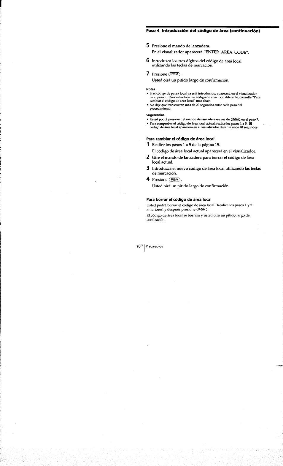 Para cambiar el código de área local, Para borrar el código de área local, Pgm) | Sony SPP-A973 User Manual | Page 73 / 115