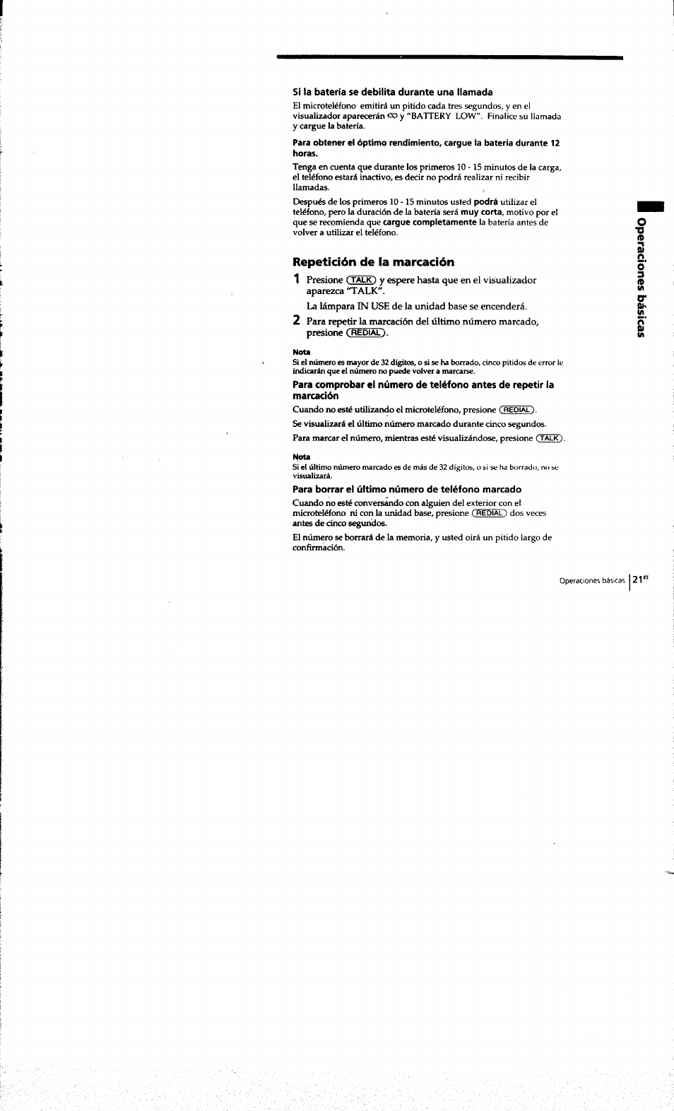 Si la batería se debilita durante una llamada, Repetición de la marcación, Para borrar el último número de teléfono marcado | Sony SPP-A973 User Manual | Page 78 / 115