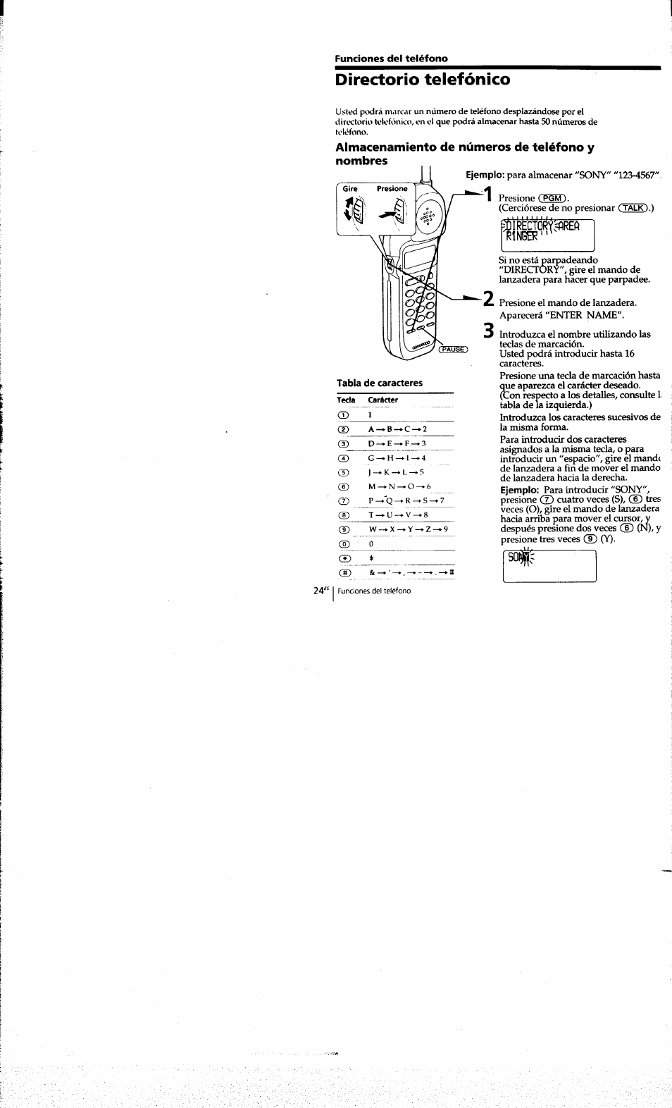 Funciones del teléfono, Directorio telefónico, Almacenamiento de números de teléfono y nombres | Sony SPP-A973 User Manual | Page 81 / 115