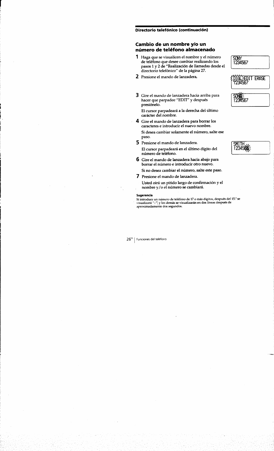 Directorio telefónico (continuación), Cambio de un nombre y/o un, Número de teléfono almacenado | Sony SPP-A973 User Manual | Page 83 / 115