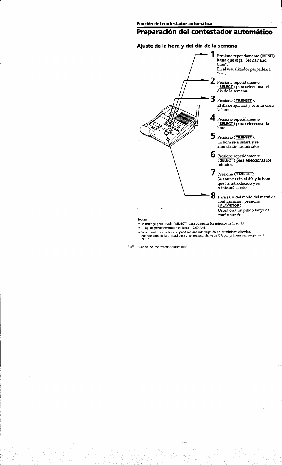 Preparación del contestador automático, Ajuste de la hora y del día de la semana | Sony SPP-A973 User Manual | Page 87 / 115