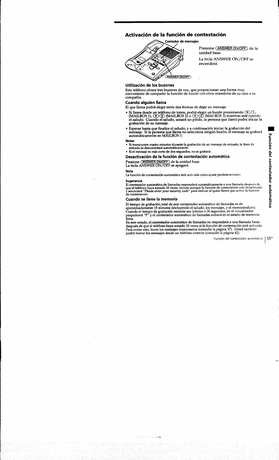 Activación de la función de contestación, Cuando alguien llama, Cuando se llene la memoria | Ce cl5 | Sony SPP-A973 User Manual | Page 92 / 115