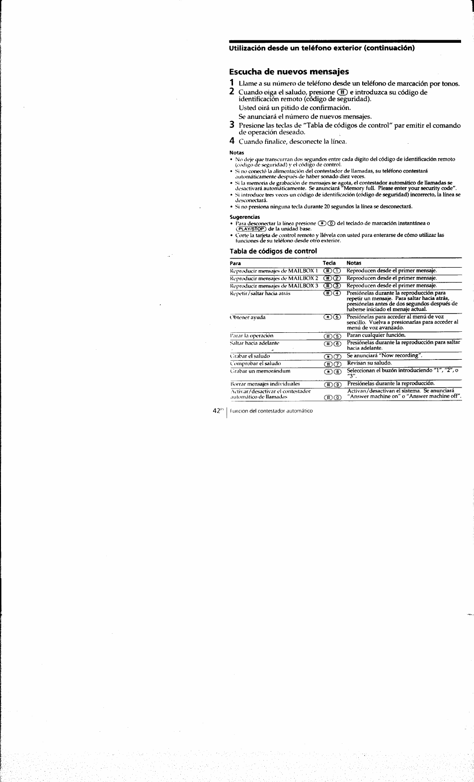 Escucha de nuevos mensajes, Tabla de códigos de control, Cuando oiga el saludo, presione | Cuando finalice, desconecte la línea | Sony SPP-A973 User Manual | Page 99 / 115