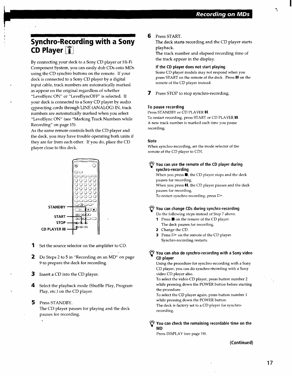 To pause recording, Note, Y' you can change cds during synchro-recording | Synchro-r^rding with a sony cd player, Recording on mds | Sony MDS-JE700 User Manual | Page 17 / 39