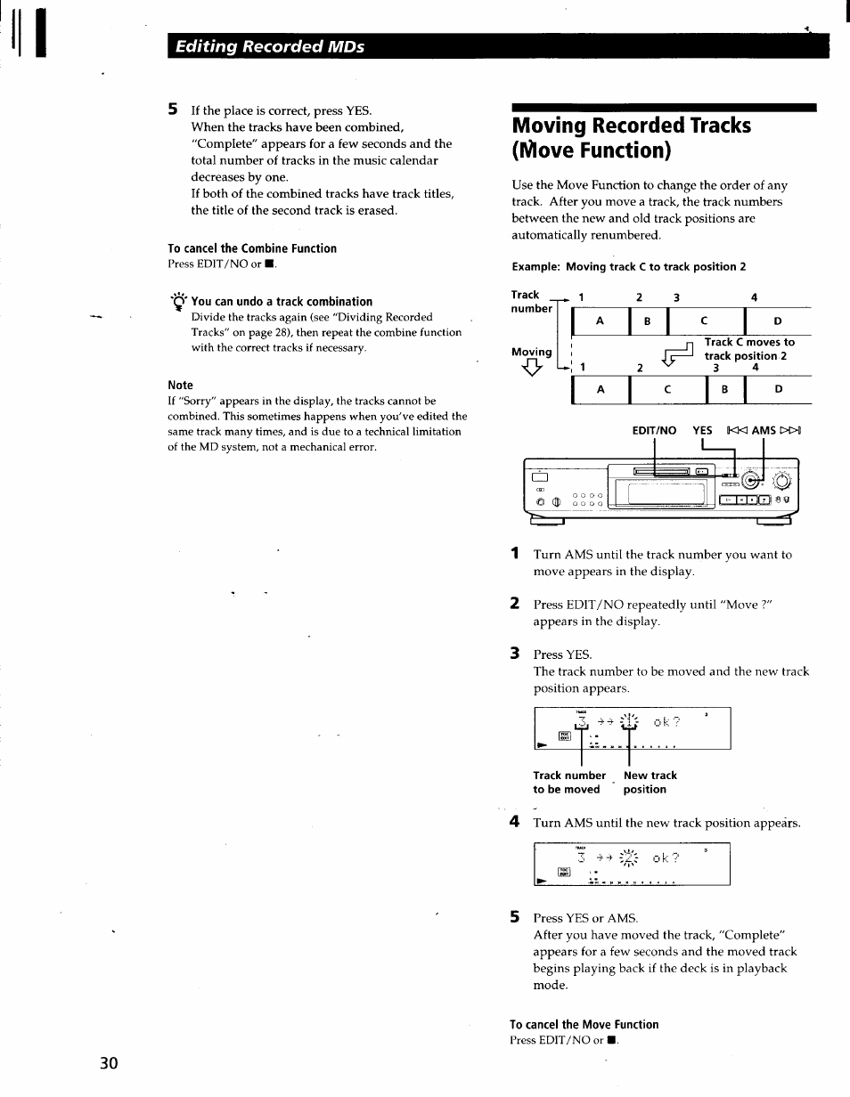 To cancel the combine function, You can undo a track combination, Note | Moving recorded tracks (move function), To cancel the move function | Sony MDS-JE700 User Manual | Page 30 / 39