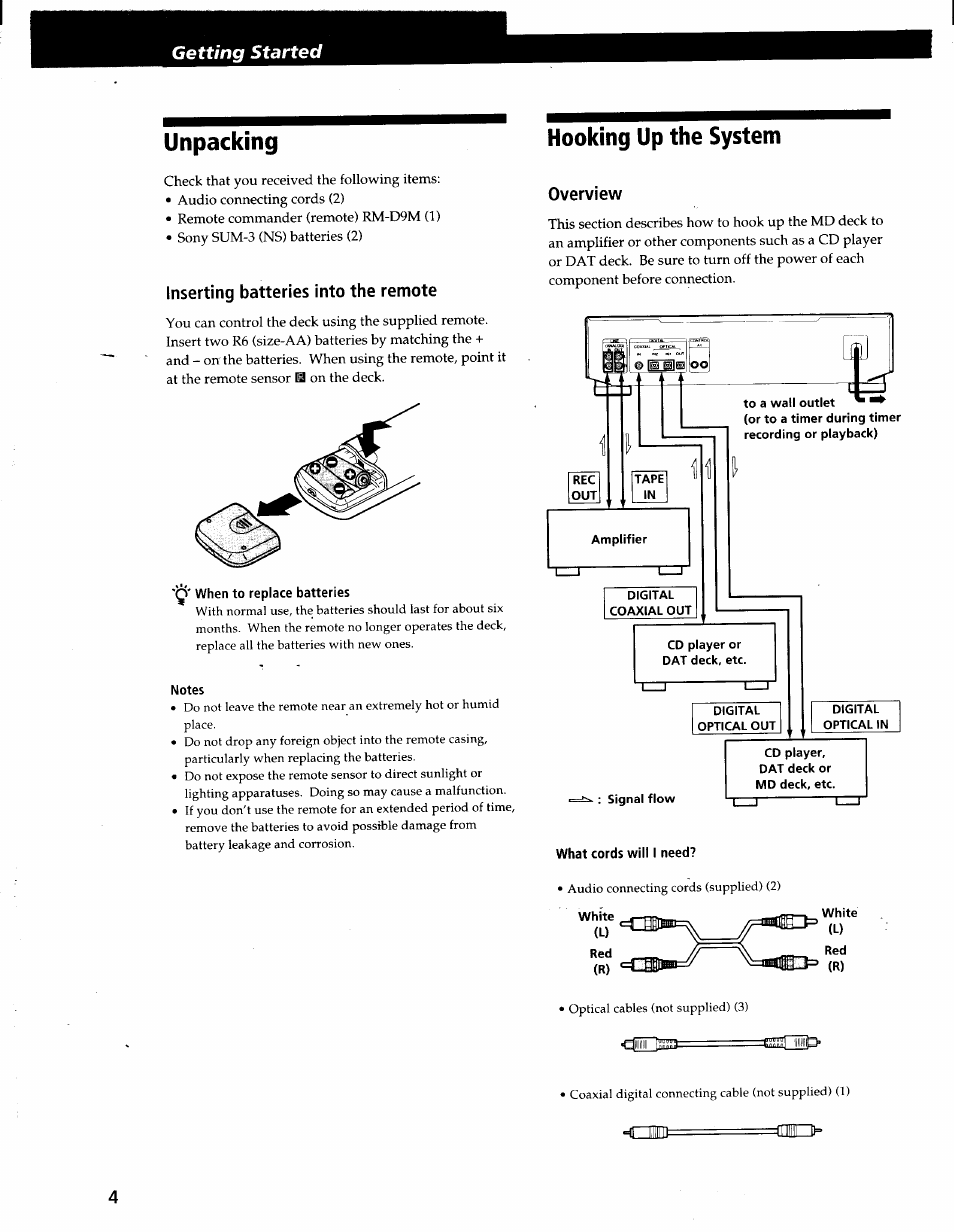 Inserting batteries into the remote, Q' when to replace batteries, Notes | Hooking up the system, Overview, What cords will i need, Unpacking, Getting started | Sony MDS-JE700 User Manual | Page 4 / 39