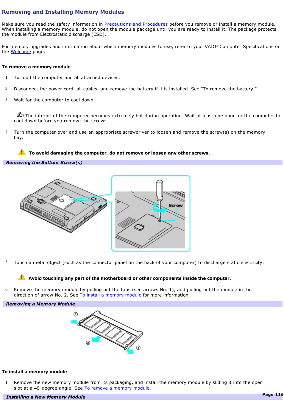 Removing and installing memory modules | Sony PCG-FRV28 User Manual | Page 116 / 124