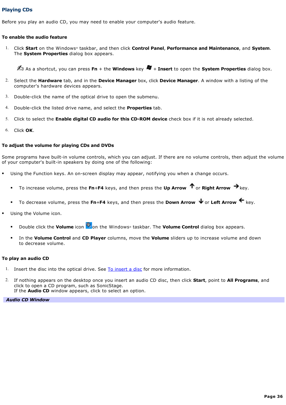 Playing cds | Sony PCG-FRV28 User Manual | Page 36 / 124