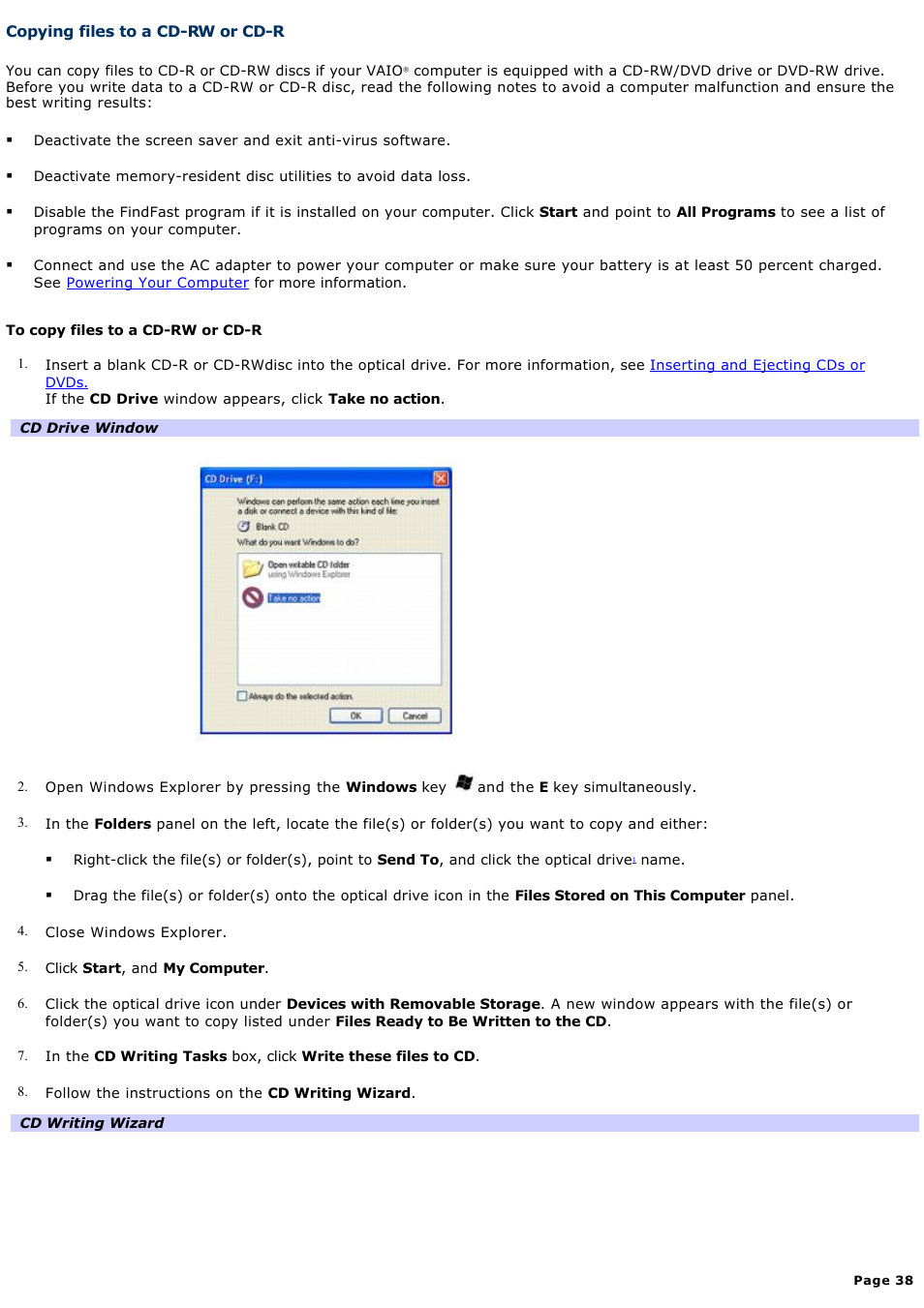 Copying files to a cd-rw or cd-r | Sony PCG-FRV28 User Manual | Page 38 / 124