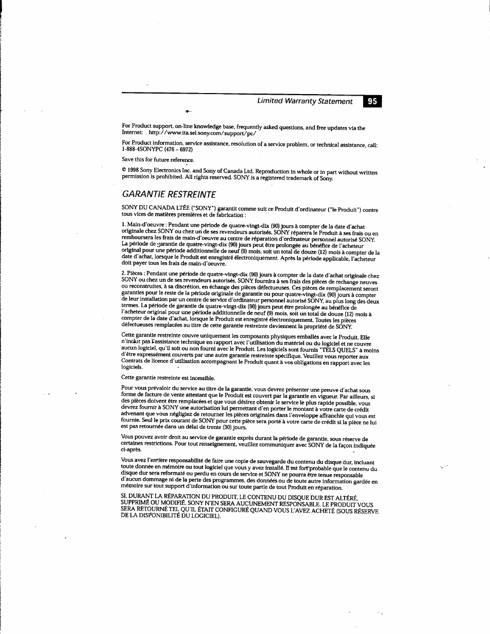 Garantie restreinte, Limited warranty statement | Sony PCG-748 User Manual | Page 104 / 131