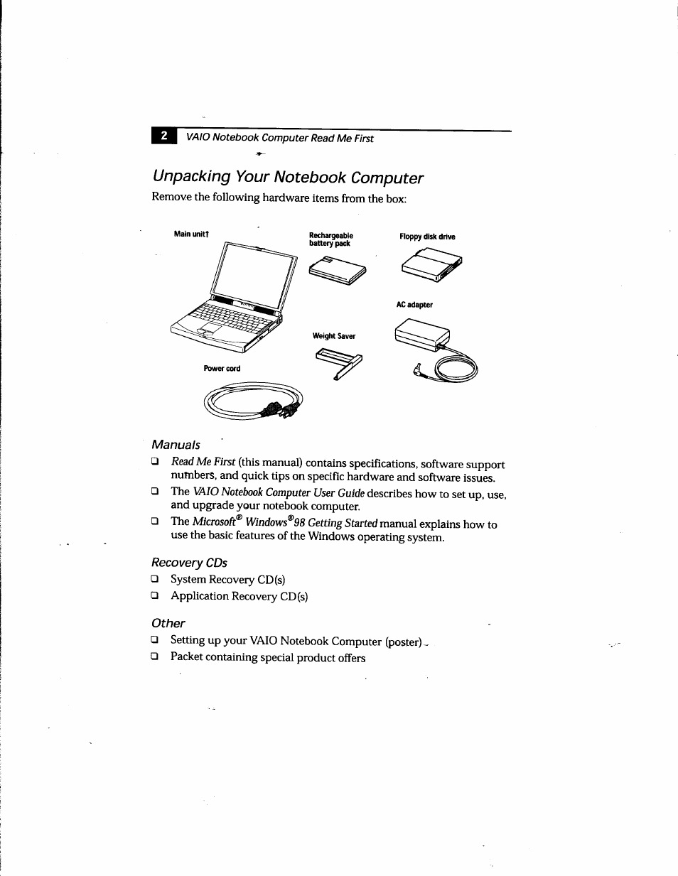 Unpacking your notebook computer, Recovery cds, Other | Sony PCG-748 User Manual | Page 121 / 131