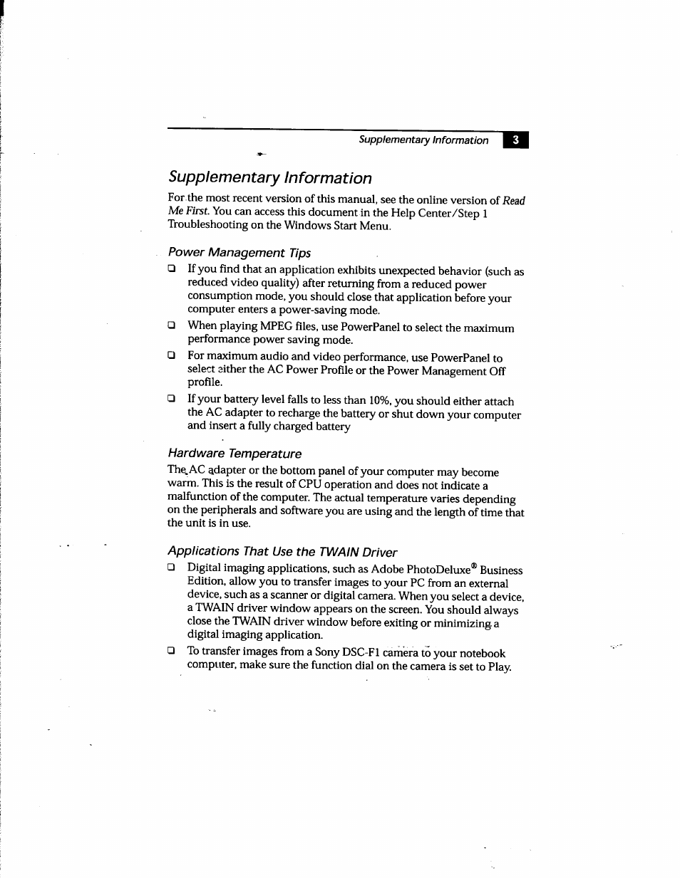 Supplementary information, Power management tips, Hardware temperature | Applications that use the twain driver | Sony PCG-748 User Manual | Page 122 / 131