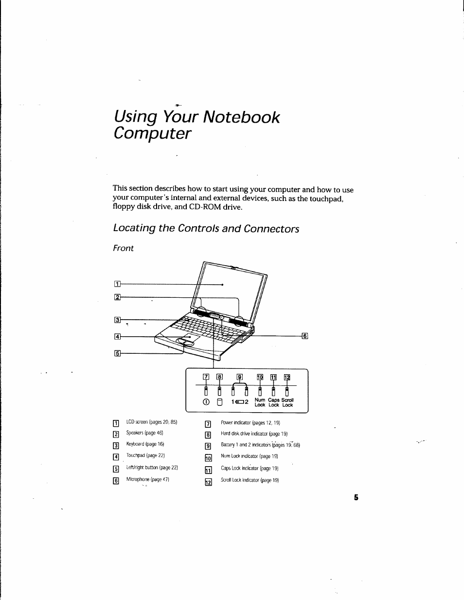 Using your notebook computer, Locating the controls and connectors, Front | Sony PCG-748 User Manual | Page 14 / 131