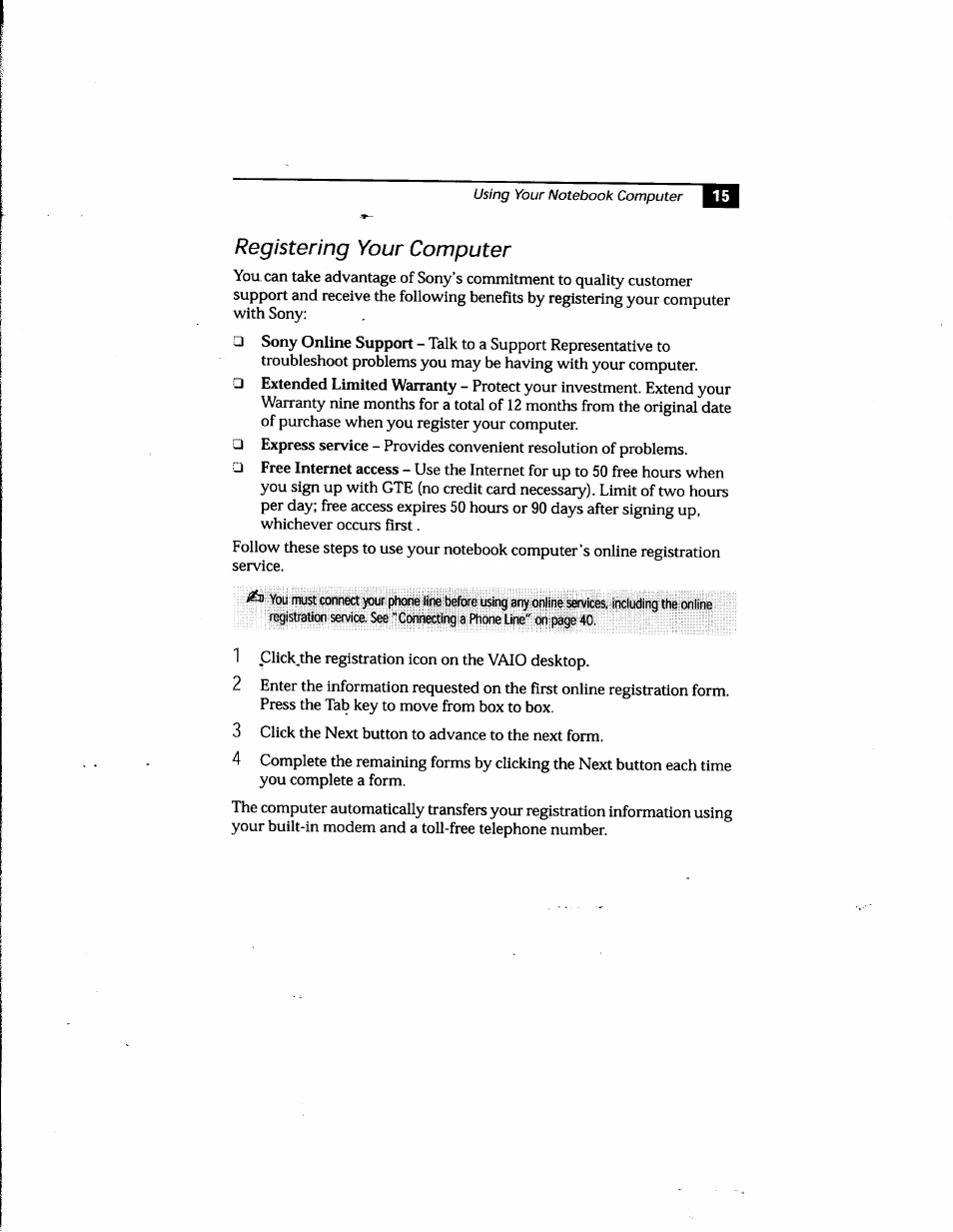 Registering your computer | Sony PCG-748 User Manual | Page 24 / 131