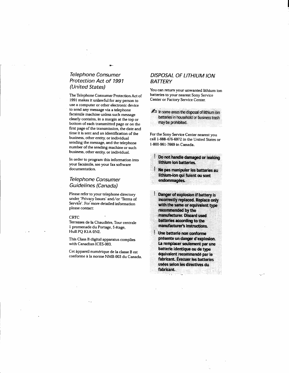 Telephone consumer guidelines (canada), Disposal of lithium ion battery | Sony PCG-748 User Manual | Page 4 / 131