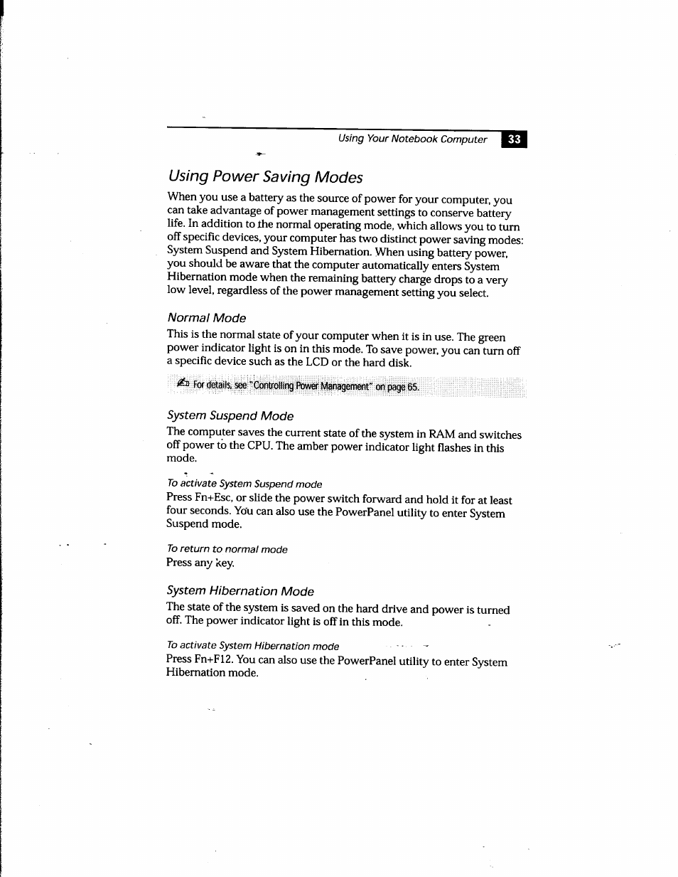 Using power saving modes, Normal mode, System suspend mode | System hibernation mode | Sony PCG-748 User Manual | Page 42 / 131