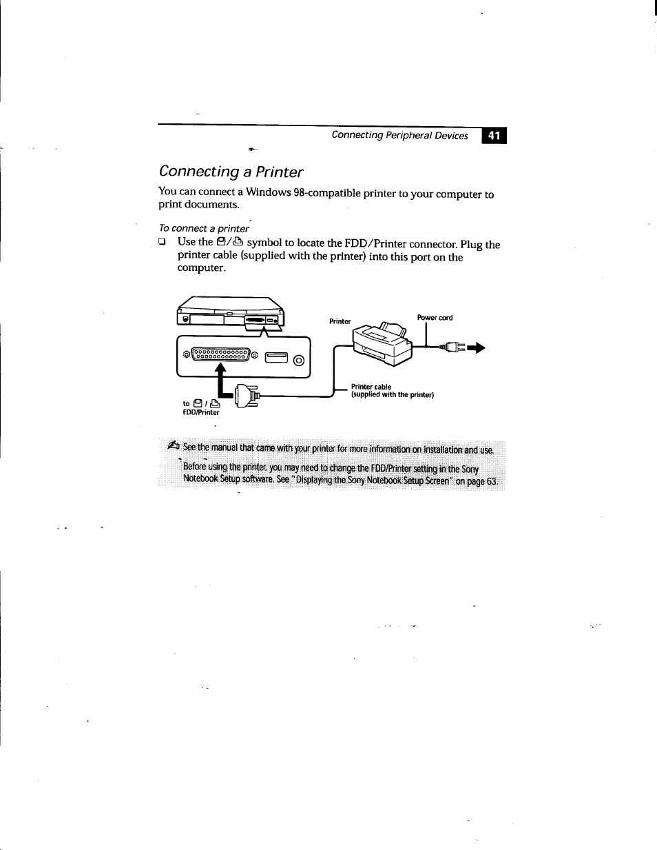 Connecting a printer | Sony PCG-748 User Manual | Page 50 / 131