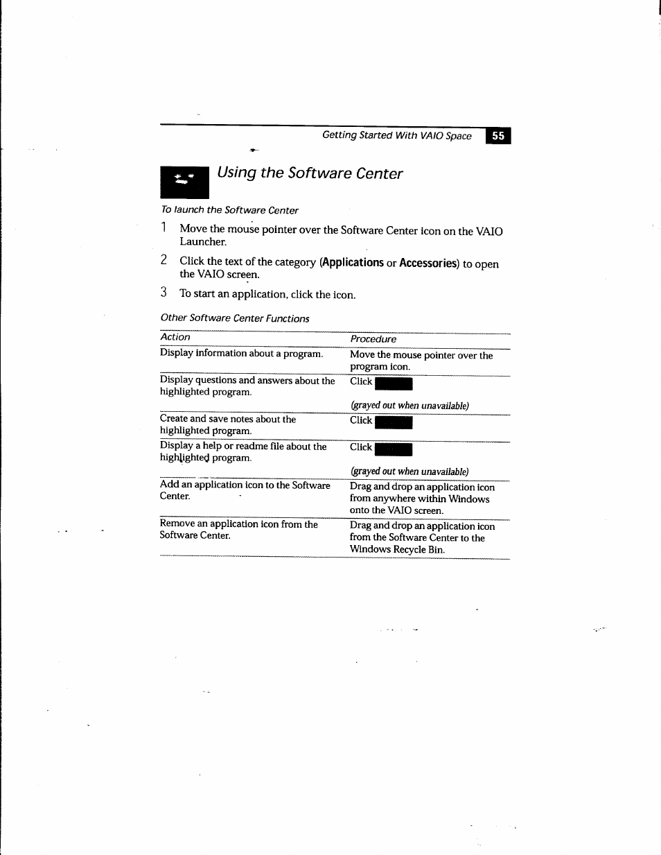 Using the software center | Sony PCG-748 User Manual | Page 64 / 131