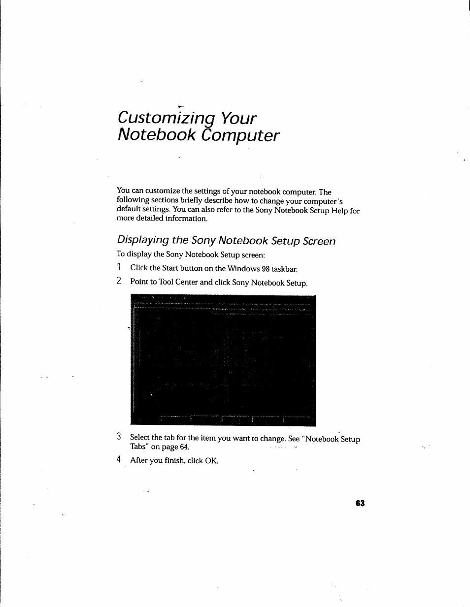 Customizing your notebook computer, Displaying the sony notebook setup screen | Sony PCG-748 User Manual | Page 72 / 131