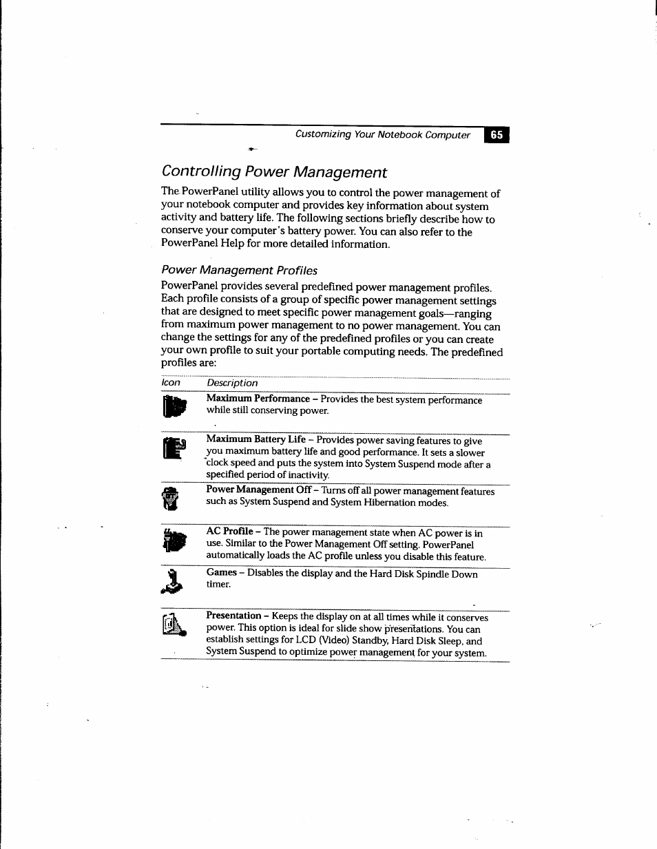 Controlling power management, Power management profiles, Coptrolling power management | Sony PCG-748 User Manual | Page 74 / 131