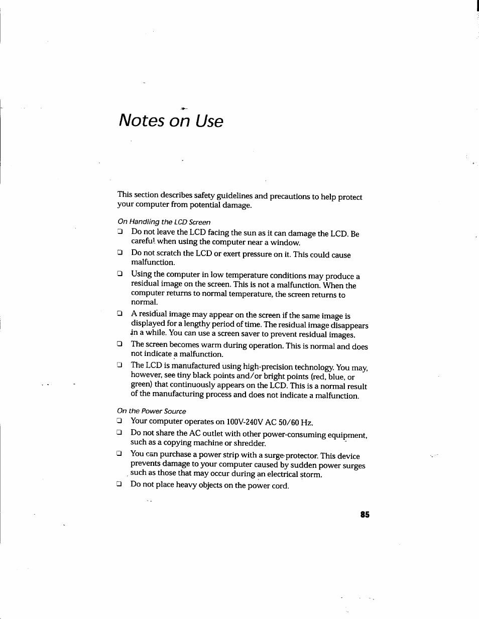 Notes on use | Sony PCG-748 User Manual | Page 94 / 131