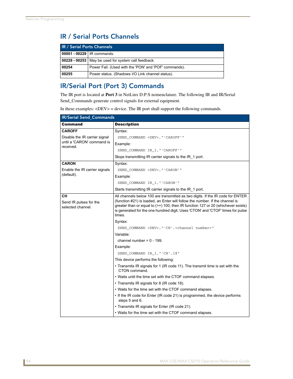 Ir / serial ports channels, Ir/serial port (port 3) commands | AMX MAX-CSE User Manual | Page 100 / 110