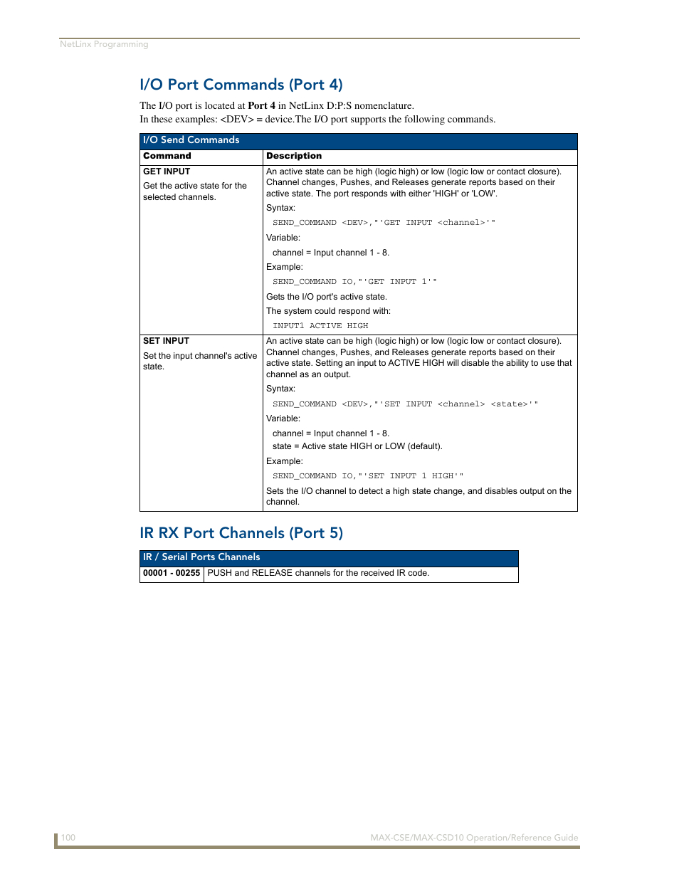 I/o port commands (port 4), Ir rx port channels (port 5) | AMX MAX-CSE User Manual | Page 106 / 110