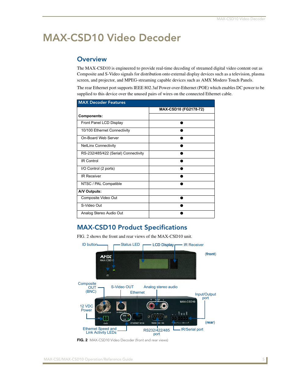 Max-csd10 video decoder, Overview, Max-csd10 product specifications | AMX MAX-CSE User Manual | Page 11 / 110