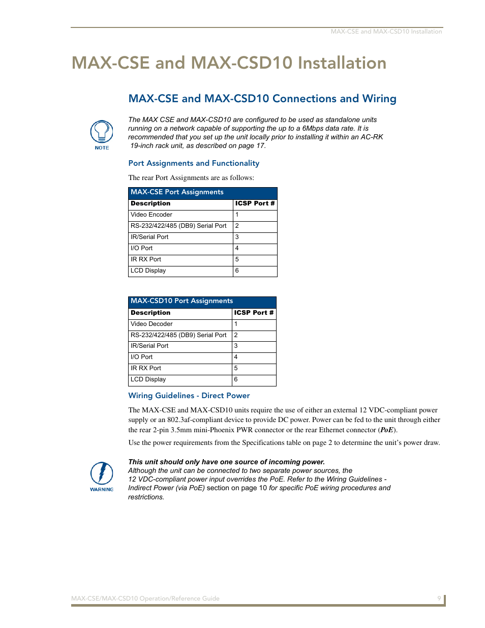 Max-cse and max-csd10 installation, Max-cse and max-csd10 connections and wiring, Port assignments and functionality | Wiring guidelines - direct power | AMX MAX-CSE User Manual | Page 15 / 110