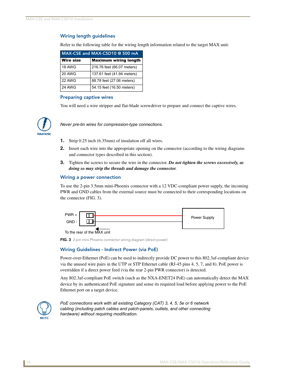 Wiring length guidelines, Preparing captive wires, Wiring a power connection | Wiring guidelines - indirect power (via poe) | AMX MAX-CSE User Manual | Page 16 / 110