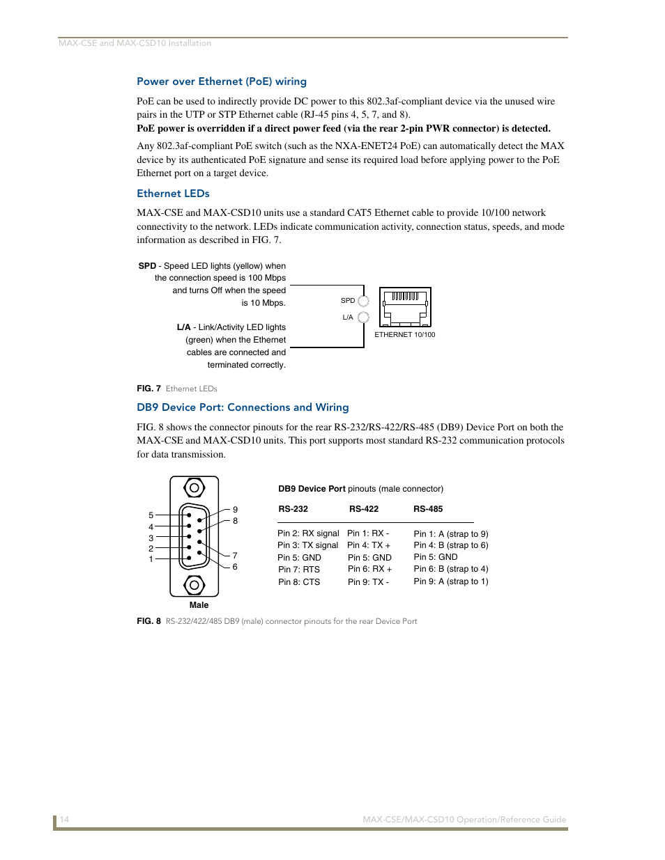 Power over ethernet (poe) wiring, Ethernet leds, Db9 device port: connections and wiring | AMX MAX-CSE User Manual | Page 20 / 110